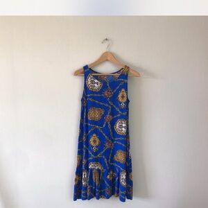 Vintage Blue and Gold Print Midi Dress